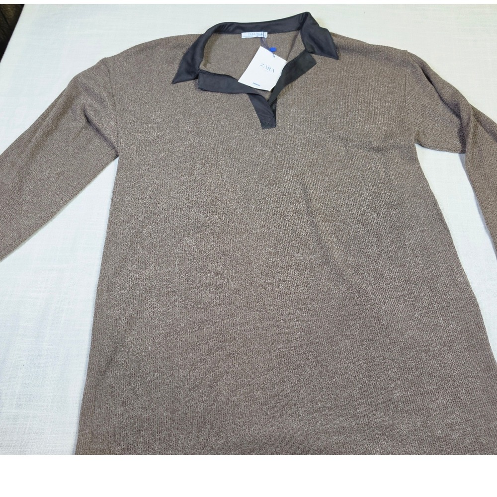 Zara Trafaluc Brown Marled Knit Tunic Dress Black Collar Long Sleeve Large NWT